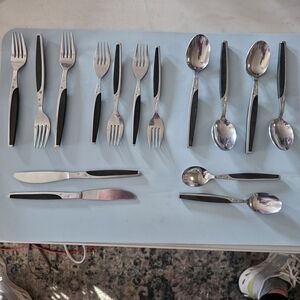 15 Pc Mar-Crest Ebony Elegance Stainless Steel Flatware black Handle Mid Century